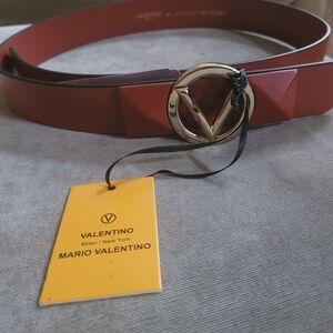 Brand New Mario Valentino Women's Brick Red Belt with Gold V Buckle (Medium)